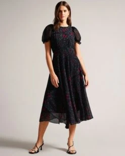 Ted Baker Daniaa Butterfly Print A-line Midi Dress, Black/Red