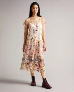 Ted Baker DAVIANA Embroidered Floral Mesh Dress, Nude/Multi