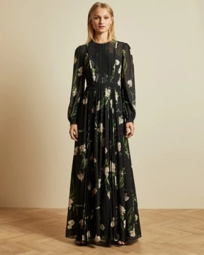 Ted Baker DEENHA Elderflower Floral Print Sleeve Maxi Dress, Black/Ivory