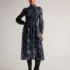 Ted Baker Deluna Ladder Trim Insert High Neck Dress, Navy Blue