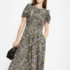Ted Baker DEYJA Graduated Midi Dress With Ruched Puff Sleeves, Purple/Multi