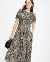 Ted Baker DEYJA Graduated Midi Dress With Ruched Puff Sleeves, Purple/Multi