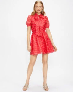 Ted Baker DOTTYY Puff Sleeve Mini Dress, Dark Pink