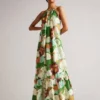 Ted Baker Dulina Strappy Linen Maxi Dress With Pleat Detail, Green/Multi