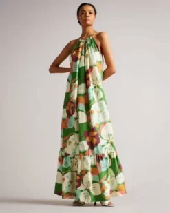 Ted Baker Dulina Strappy Linen Maxi Dress With Pleat Detail, Green/Multi