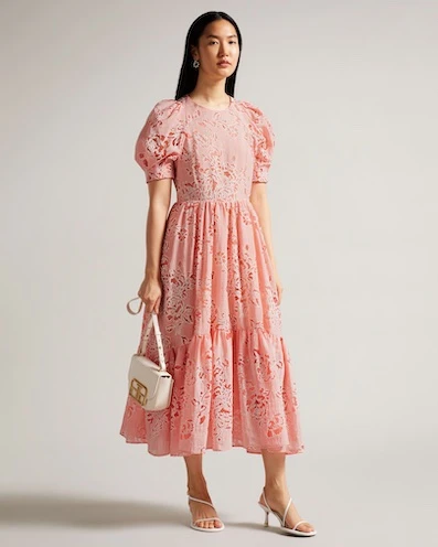Ted Baker Esthher Puff Sleeve Tiered Midi Dress, Coral 1 Ted Baker Esthher Puff Sleeve Tiered Midi Dress, Coral