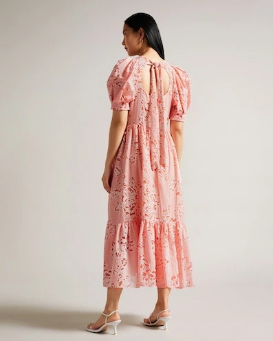 Ted Baker Esthher Puff Sleeve Tiered Midi Dress, Coral 3 Ted Baker Esthher Puff Sleeve Tiered Midi Dress, Coral - Image 3