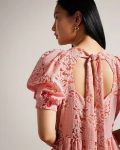 Ted Baker Esthher Puff Sleeve Tiered Midi Dress, Coral 4 Ted Baker Esthher Puff Sleeve Tiered Midi Dress, Coral -EleganceWear Store ted baker esthher puff sleeve tiered midi dress coral3