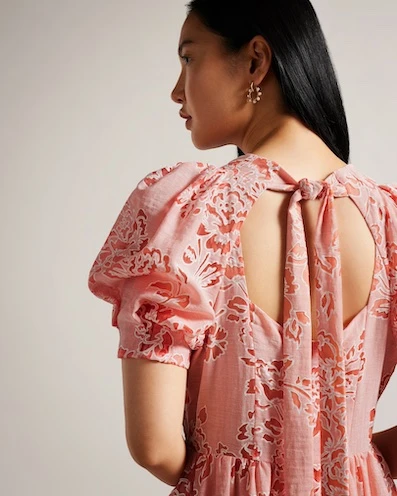 Ted Baker Esthher Puff Sleeve Tiered Midi Dress, Coral 2 Ted Baker Esthher Puff Sleeve Tiered Midi Dress, Coral - Image 2