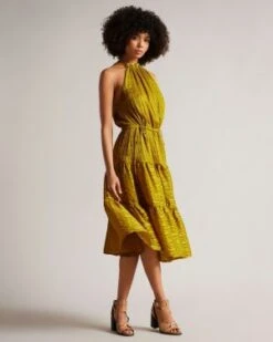 Ted Baker Eymilia Drawstring Waist Halterneck Dress, Medium Yellow