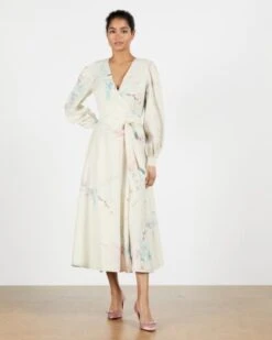 Ted Baker FLOSSSI Floral Wrap Long Sleeve Midi Dress, Multi/Neutral/Natural