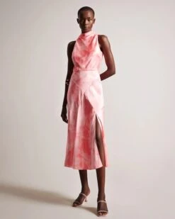 Ted Baker Foreste Cowl Neck Bias Cut Midi Dress, Coral
