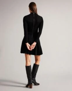 Ted Baker Fyonah Sheer Argyle Insert Skater Dress, Black -EleganceWear Store ted baker fyonah sheer argyle insert skater dress black1