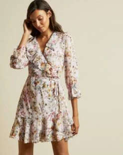 Ted Baker GRACYE Jasmine Ruffle Wrap Dress, Pink Blush/Multi