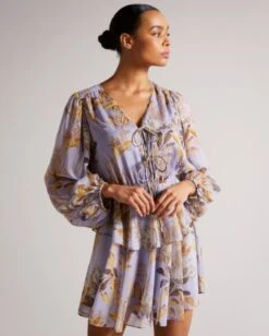 Ted Baker GRETIA V Neck Printed Tie Front Mini Dress, Lilac/Multi