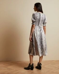 Ted Baker HALOMAH Snake Print Midi Dress, Ivory/Black -EleganceWear Store ted baker halomah snake print midi dress ivory black1 e1591199256457