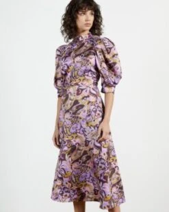 Ted Baker HARIAT Printed Short Sleeve Silk Dress, Purple/Pink