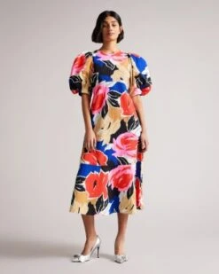 Ted Baker HARPIA Floral Print Midi Dress, Blue/Multi