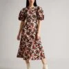 Ted Baker HELGI Printed Floral Seersucker Midi Dress, Black/Red/Multi