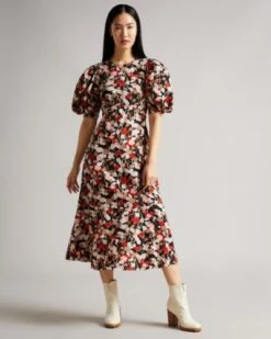 Ted Baker HELGI Printed Floral Seersucker Midi Dress, Black/Red/Multi