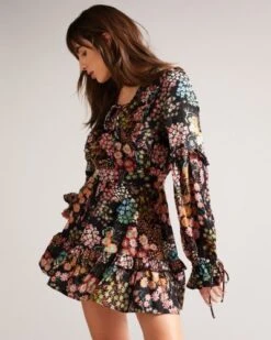 Ted Baker Hendria Mini Dress With Ruffle Details, Black/Multi