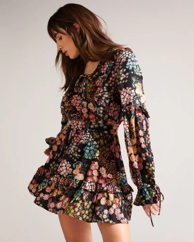 Ted Baker Hendria Mini Dress With Ruffle Details, Black/Multi 1 Ted Baker Hendria Mini Dress With Ruffle Details, Black/Multi