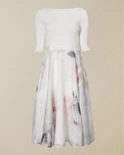 Ted Baker ILINE Bouquet Print Sleeve Full Skirt Dress, Ivory/Pink