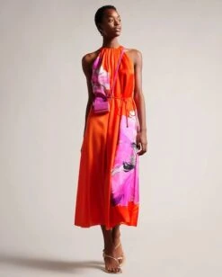 Ted Baker Immia Halterneck Midaxi Swing Dress, Bright Orange/Pink