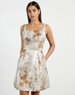 Ted Baker JONIEE Vanilla Jacquard Mini Dress, Silver/Gold/White