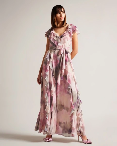 Ted Baker Karenie Frilled Floral Maxi Dress, Pink/Blush/Multi 1 Ted Baker Karenie Frilled Floral Maxi Dress, Pink/Blush/Multi