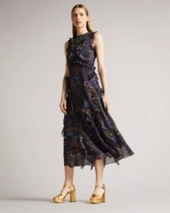 Ted Baker Karolia Sleeveless Waterfall Midi Dress, Navy/Multi