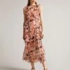 Ted Baker Kayleih Printed Sleeveless Waterfall Midi Dress, Pale Orange