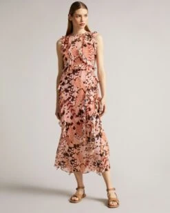 Ted Baker Kayleih Printed Sleeveless Waterfall Midi Dress, Pale Orange