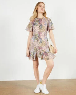 Ted Baker LALU Urban Printed Fluted Hem Mini Dress, Pink/Multi