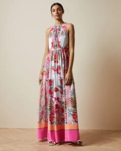 Ted Baker LANIAH Samba High Neck Maxi Print Dress, Ivory/Pink
