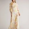 Ted Baker Leyona Printed Full Sleeve Waterfall Midi Dress, Yellow/Multi/White
