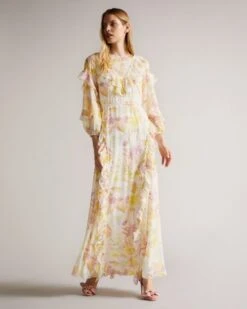 Ted Baker Leyona Printed Full Sleeve Waterfall Midi Dress, Yellow/Multi/White