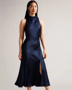 Ted Baker Lilymay Cowl Neck Bias Cut Midi Dress, Dark Blue/Navy