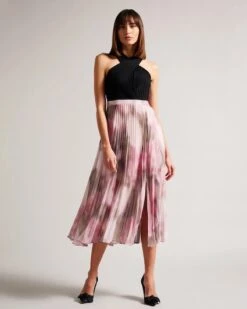 Ted Baker Loulous Midi Dress With Floral Pleated Skirt, Pink Blush/Black