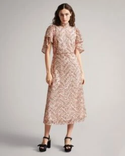 Ted Baker MACIVER Multi Sequin Short Sleeved Dress, Light Pink/Blush
