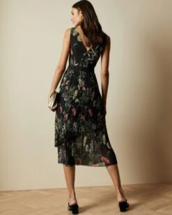 Ted Baker MALINAE Highland Tiered Pleated Midi Dress, Black/Multi -EleganceWear Store ted baker malinae highland tiered pleated midi dress black multi1 e1590390999806