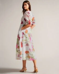 Ted Baker Mekayla Empire Line Midi Dress With Puff Sleeve, White/Multi 3 Ted Baker Mekayla Empire Line Midi Dress With Puff Sleeve, White/Multi -EleganceWear Store ted baker mekayla empire line midi dress with puff sleeve white multi1
