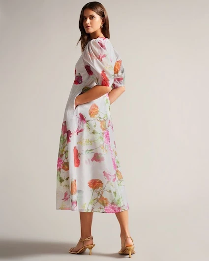 Ted Baker Mekayla Empire Line Midi Dress With Puff Sleeve, White/Multi 2 Ted Baker Mekayla Empire Line Midi Dress With Puff Sleeve, White/Multi - Image 2
