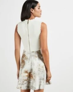 Ted Baker OLIIVEE Vanilla Jacquard Skirted Dress, White/Silver -EleganceWear Store ted baker oliivee vanilla jacquard skirted dress white silver1 e1613576212921
