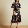 Ted Baker OSSIEE Rhubarb Midi Tea Dress, Black/Pink/Multi