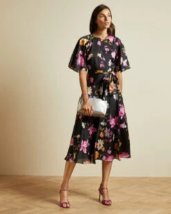 Ted Baker OSSIEE Rhubarb Midi Tea Dress, Black/Pink/Multi