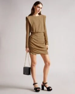 Ted Baker QUINCI Mini Dress With Shoulder Detail, Beige Brown/Black -EleganceWear Store ted baker quinci mini dress with shoulder detail beige brown black1 scaled e1641128077359