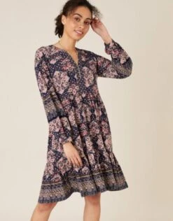 Monsoon Rowan Heritage Print Dress Blue, Navy Blue/Multi