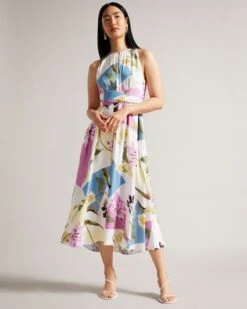 Ted Baker Saanvii Floral Halter Neck Midi Dress, White/Pink/Multi