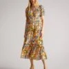 Ted Baker SAFIREE New World Printed Tiered Midi Dress, Yellow/White/Multi